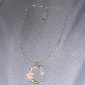 Women’s Gold color moon necklace with pink flower and pearl
